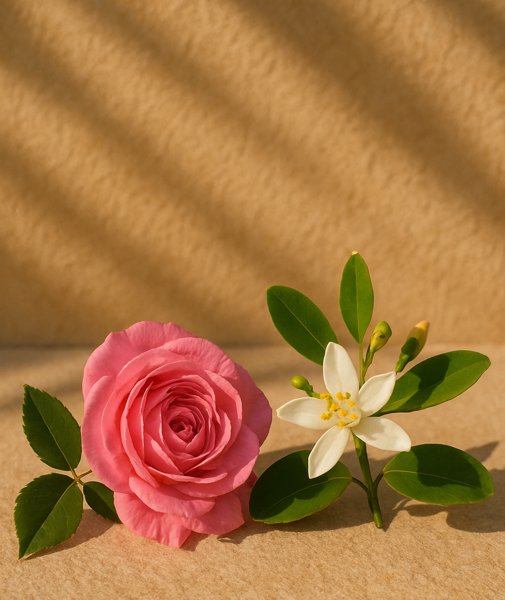 Our Story organic ingredients of luxury fragrance. Heart notes of Damascene Rose and Bergamot.