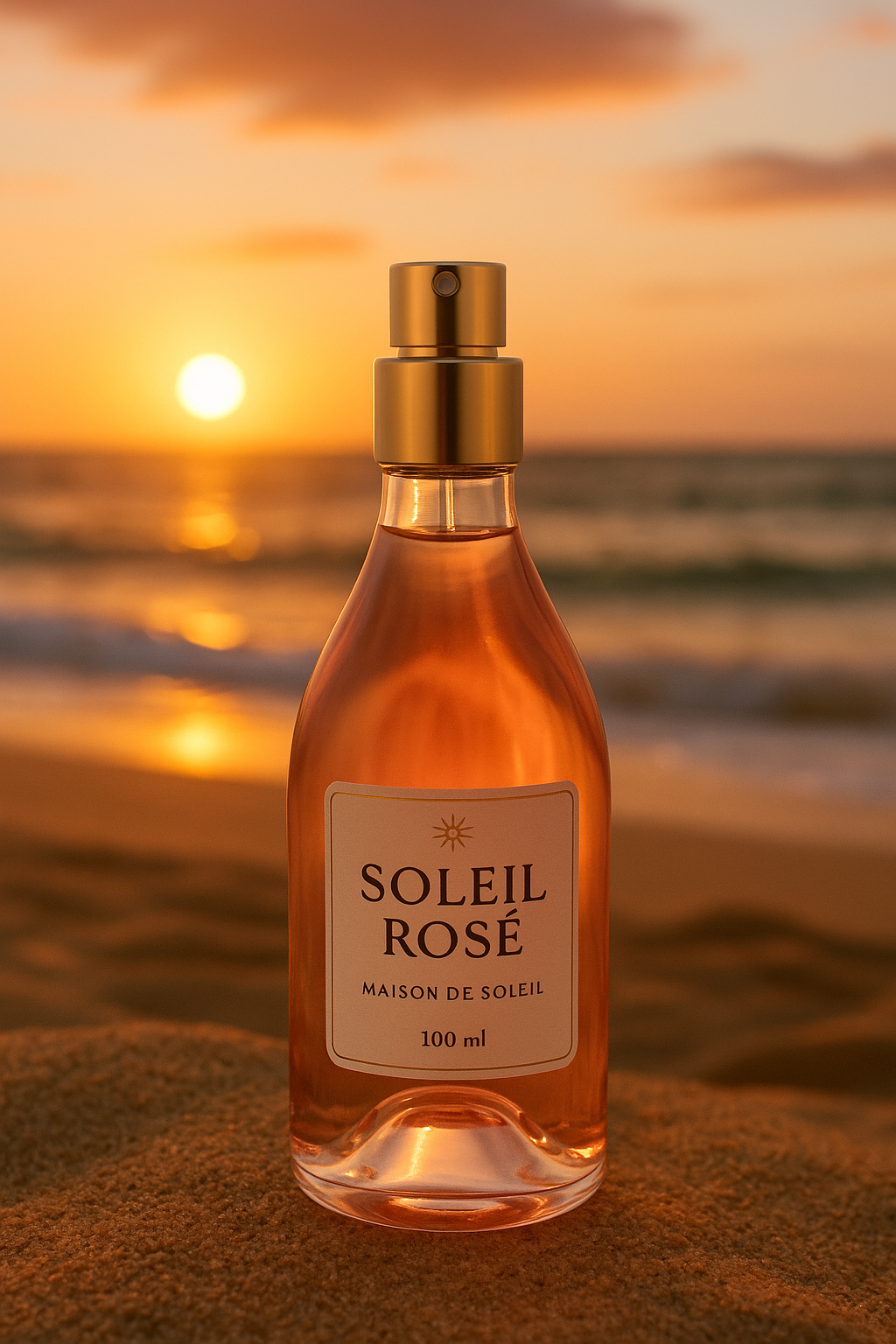 Maison de Soleil Soleil Rose luxury fragrance bottle inspired by rosé wine, placed on golden sand with sunset in the background