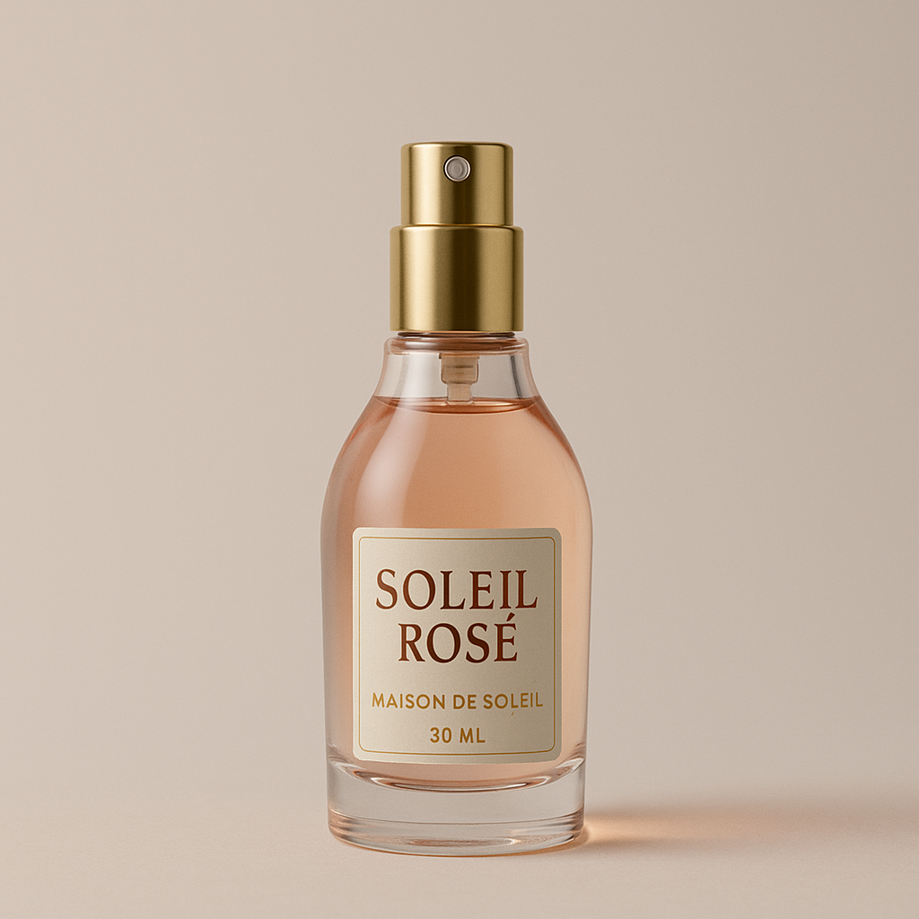 Maison de Soleil luxury perfume. A bottle designed to look like rosé wine. A fragrance that smells like the sunset.