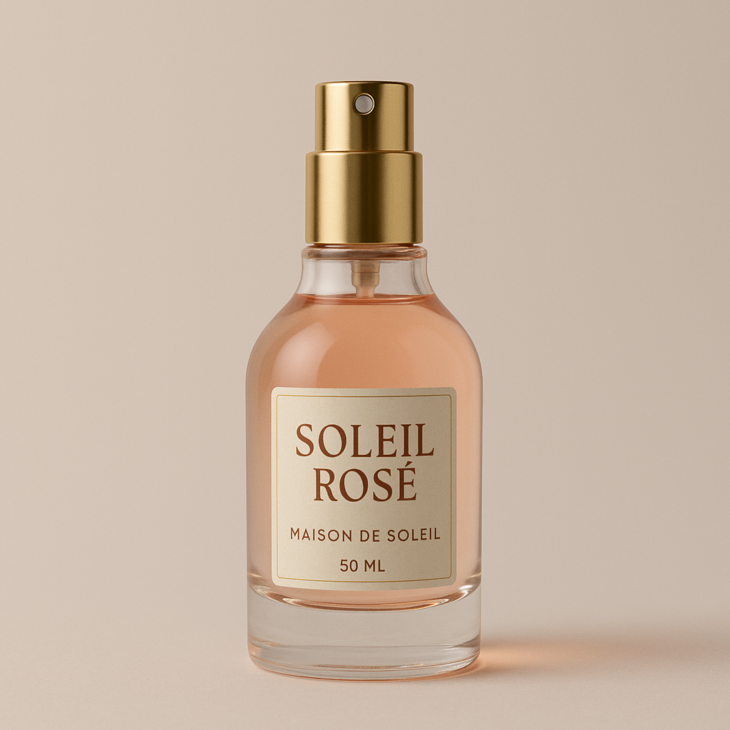 Maison de Soleil luxury perfume. A bottle designed to look like rosé wine. A fragrance that smells like the sunset.